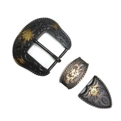 WESTERN COWBOY ANTIQUE BRASS ENGRAVED ROPE EDGE BUCKLE SET FITS 1-1/2&Prime; BELT