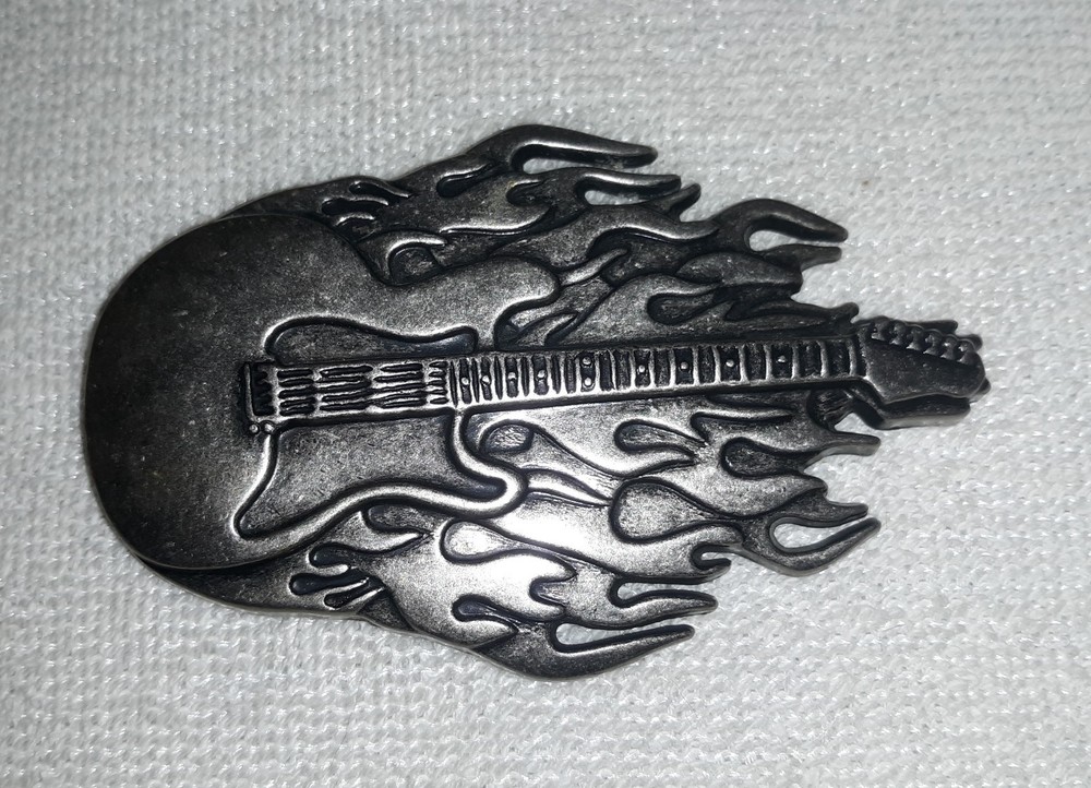 Vintage Pewter Flaming Electric Guitar Rock & Roll Belt Buckle Excellent