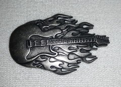 Vintage Pewter Flaming Electric Guitar Rock & Roll Belt Buckle Excellent