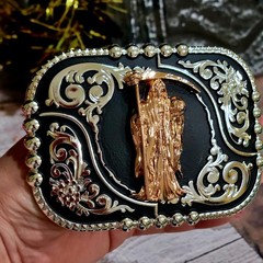 Santa Muerte belt Buckle Grim Reaper Rose Tone Silver Heavy Black Zinc Alloy