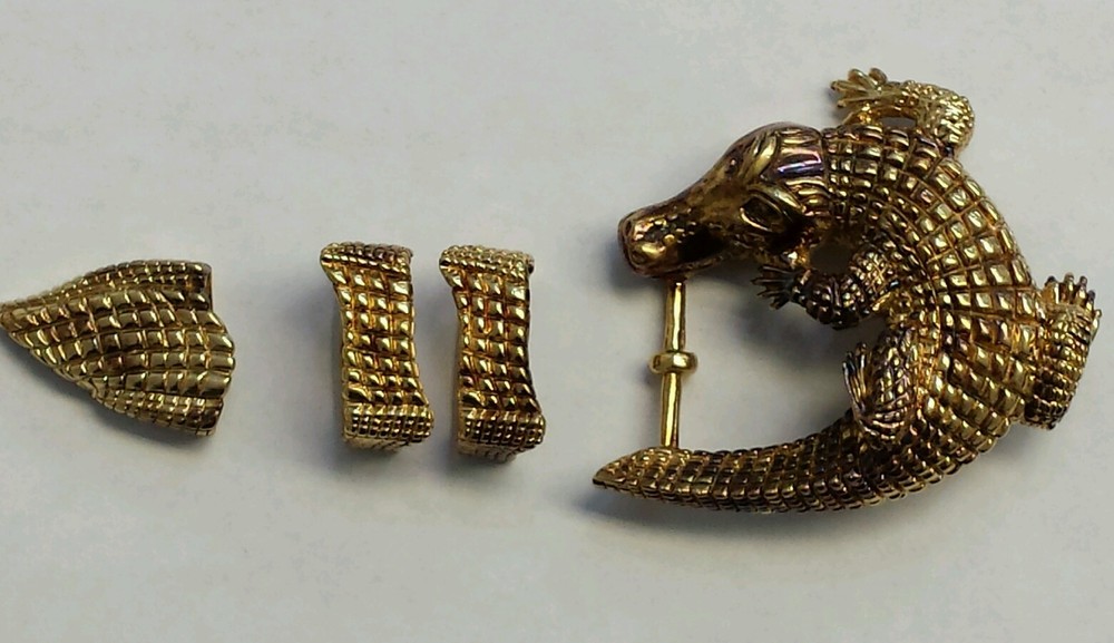 CROCODILE STERLING SILVER BELT BUCKLE SET BY ALEXANDER KALIFANO – GOLD PLATED