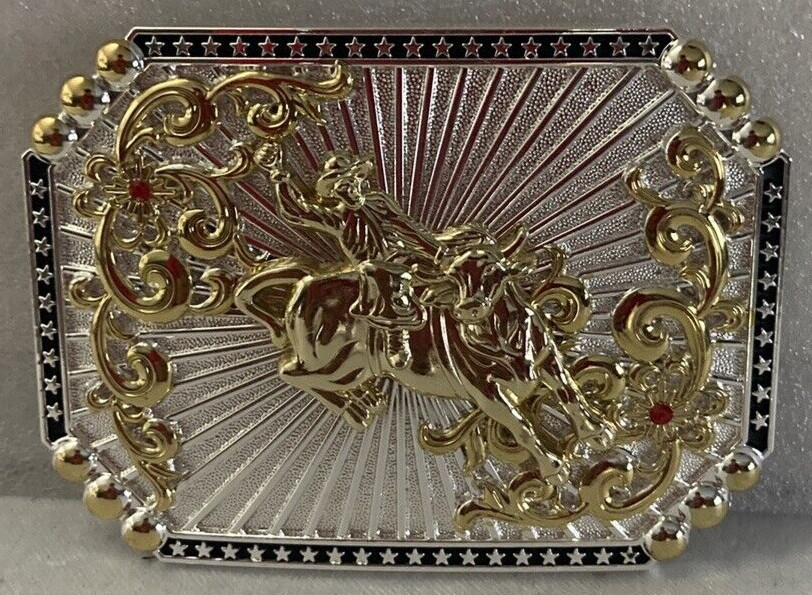 Western BULL Riding Gold & Silver Engraved Cowboy Belt Buckle HEBILLA VAQUERA NW