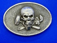 Mechanic Skull Crossed Wrench Hammer Tool Solid Fine Pewter Belt Buckle