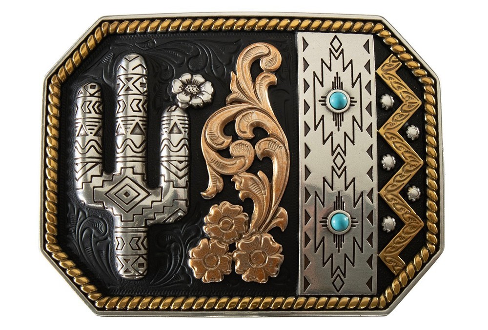 CACTUS – Western Belt BUCKLE -Copper, Brass, Silver, Turquoise, Black background