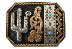 CACTUS – Western Belt BUCKLE -Copper, Brass, Silver, Turquoise, Black background