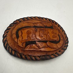 Vintage Hand Tooled Leather Belt Buckle RGE Initials Western Whipstitch Brown