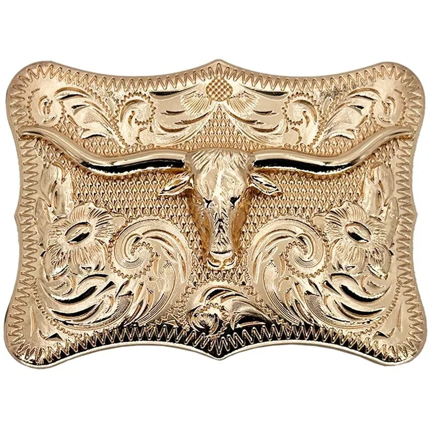 Gold Longhorn Bull Designer Quality Western Belt Buckle Carved Solid Piece Metal