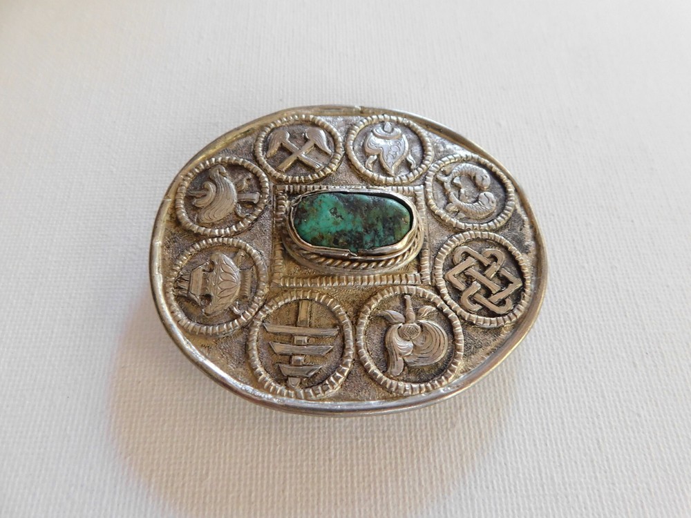 Silver Blue Green Turquoise Oval Symbol Belt Buckle