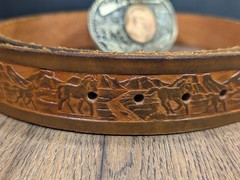 Vintage ~ John Wayne Hand Tooled Leather Belt w/ Solid Brass JW American Buckle