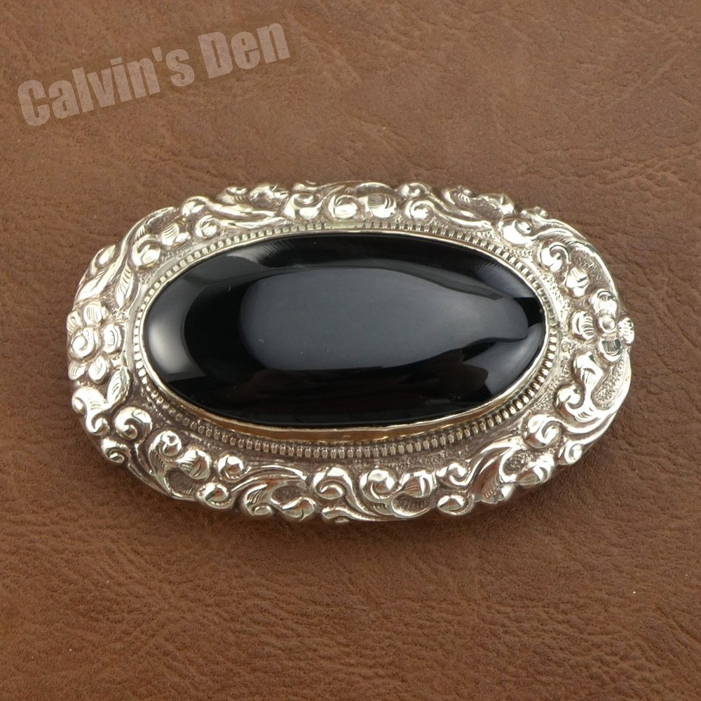 Handmade Large Black Onyx Tibetan Silver Floral Scroll Belt Buckle Western Boho