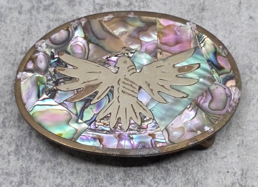 Vintage Mexican Alpaca Silver Belt Buckle Abalone Shell Inlay Thunderbird Oval