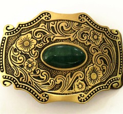 Jade & Grass Solid Brass Mens Belt Buckle Western Cowboy Vintage Antique