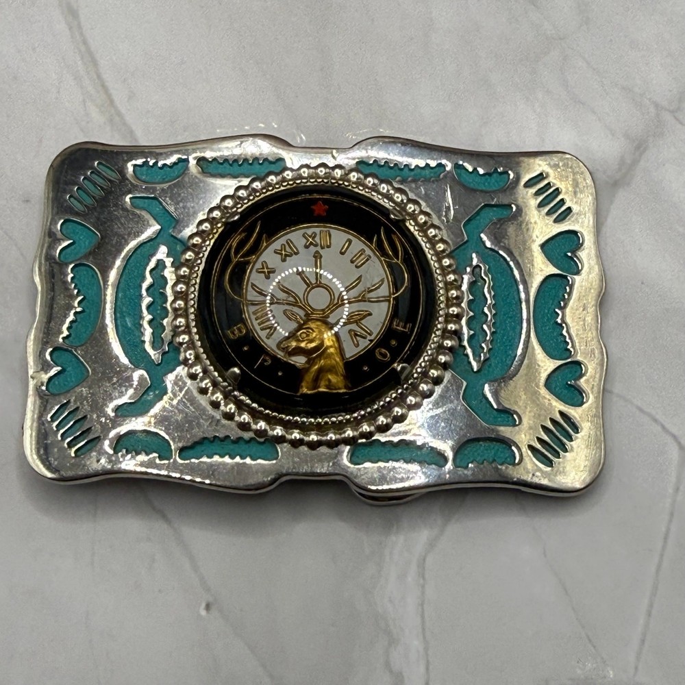 Vintage 1970s BPOE Elks Lodge Turquoise Inlay Western Belt Buckle