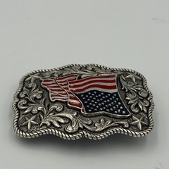 Patriotic American Flag Western Belt Buckle Silver Tone Red Blue Enamel Stars