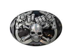 Biker Skull Pistol Revolver Gun Hand Cuffs Belt Buckle NEW Metal outlaw
