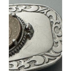 Vintage 1979 Susan B Anthony Dollar Coin Belt Buckle Silver Tone Western Scroll