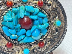 VTG Turquoise Belt Buckle Red Color Stones South Western Country Style Oval