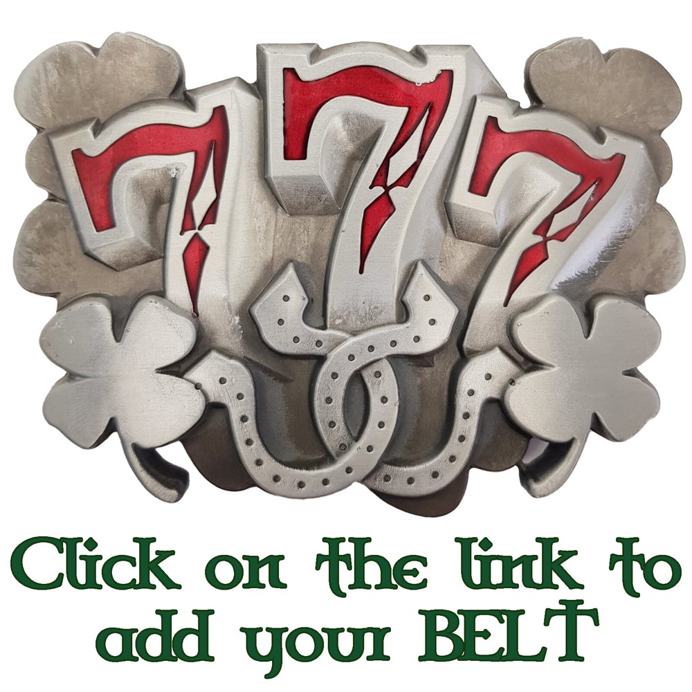 Lucky 7 Shamrock Belt Buckle 777 triple 7 horseshoe One Arm Bandit poker gambler