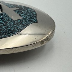 Vintage Masonic Belt Buckle Turquoise Chip Inlay Compass Silver Tone