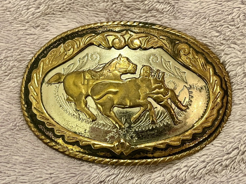 Vtg German Silver Gold Scroll WESTERN Rodeo Cowboy BELT BUCKLE Rope Edge