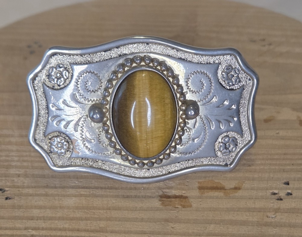 Vintage Silver Metal Belt Buckle With Tiger&rsquo;s Eye Floral/Swirl Design For 1&Prime;Belt