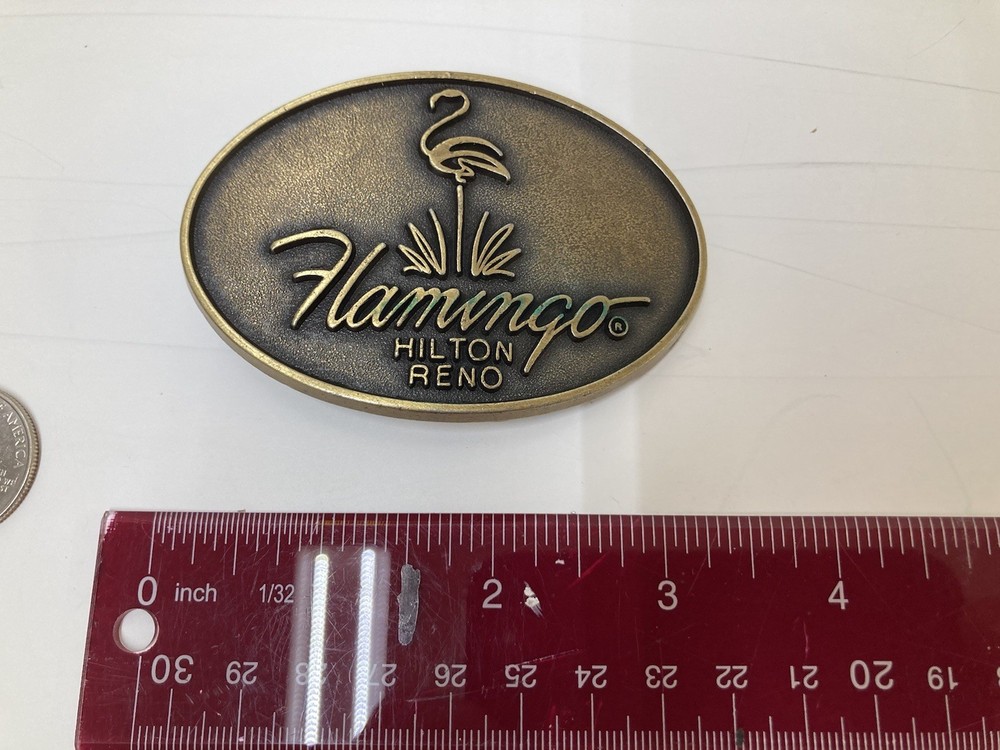 Brass Colored Metal “Flamingo” Hilton Reno 3” Belt Buckle