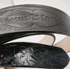 Jesus Is Lord Belt Black Length 57&Prime; Etched Gold Tone Buckle