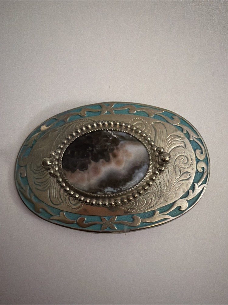 Southwestern Stone Belt Buckle Oval Floral Agate Western Silvertone
