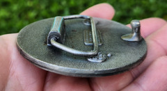 VINTAGE 1970&rsquo;S PEWTER ROUND BELT BUCKLE~BERGAMOT~FLYING EAGLE SUN RAYS STARS A48