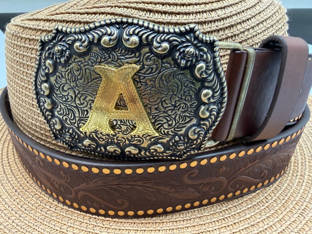 Antiqued Silver Letter Initial A Gold Classic Rectangle Flower Belt Buckle