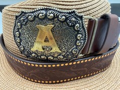 Antiqued Silver Letter Initial A Gold Classic Rectangle Flower Belt Buckle