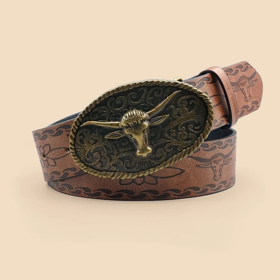 Retro Western Style Casual Belt with Antiqued Alloy Bullhead Buckle, a Versatile