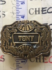 Vintage TONY Brass Belt Buckle approx 5oz. 3&Prime; wide – name personalized Oden Inc.