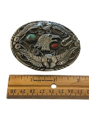 SSI Silver Turquoise Coral American Eagle Feathers Flower Belt Buckle & Bolo Tie