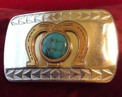 Double Horseshoe Large Blue Stone Silver And Gold Tone Belt Buckle