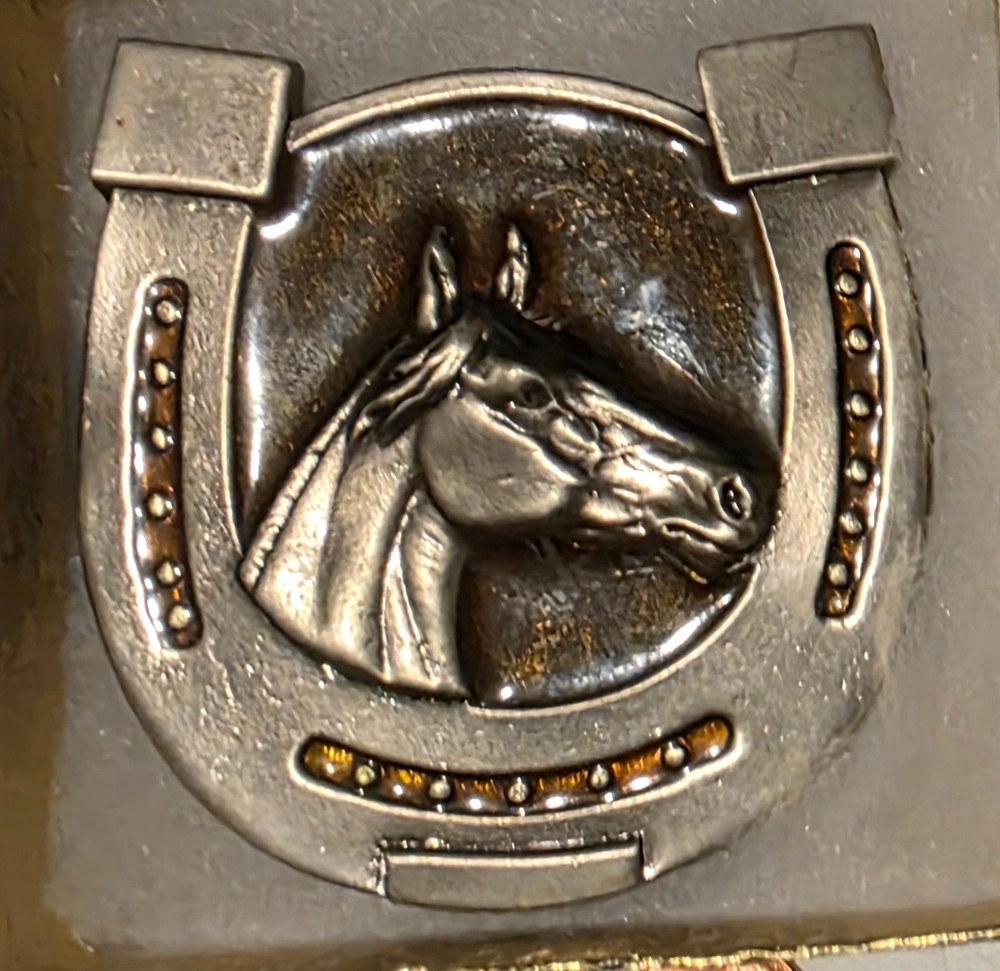 Vintage Metal Belt Buckle, Nice Horsehead and Horseshoe, Enamel, Rodeo, Nice