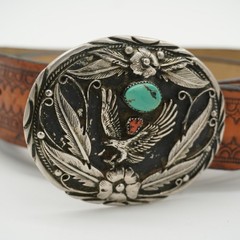 S.S.I Native American Eagle Floral Belt Buckle With Turquoise And Coral Stone