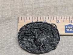 vintage MONTANA belt buckle ELK heavy pewter WESTERN train FLY FISHING siskiyou