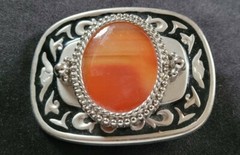 ORANGE POLISHED STONE WESTERN BLACK & SILVER TONED BELT BUCKLE