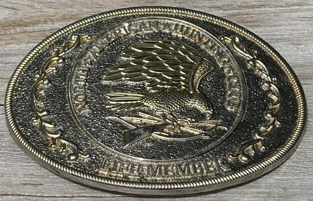Vtg North American Hunting Club Wings of Gold Brass Belt Buckle Life Member READ
