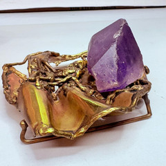 Vintage Brutalist Modern Amethyst Brass Belt Buckle