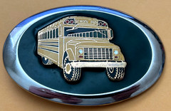 Vintage SCHOOL BUS Belt Buckle Chrome Black Background Raised Element Yellow Bus