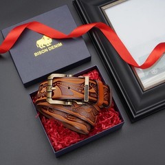 BISON DENIM Men&rsquo;s Genuine Leather Belt, 33&Prime;-36&Prime;, Golden Buckle-brown Belt