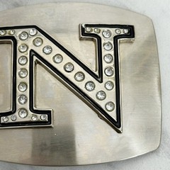 Rhinestone Studded N Letter Initial Monogram Silver Tone Belt Buckle