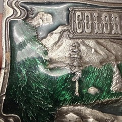 VTG 1976  » COLORADO  » BERGAMOT Brass Works Enamel DIX Leather BELT BUCKLE – NICE