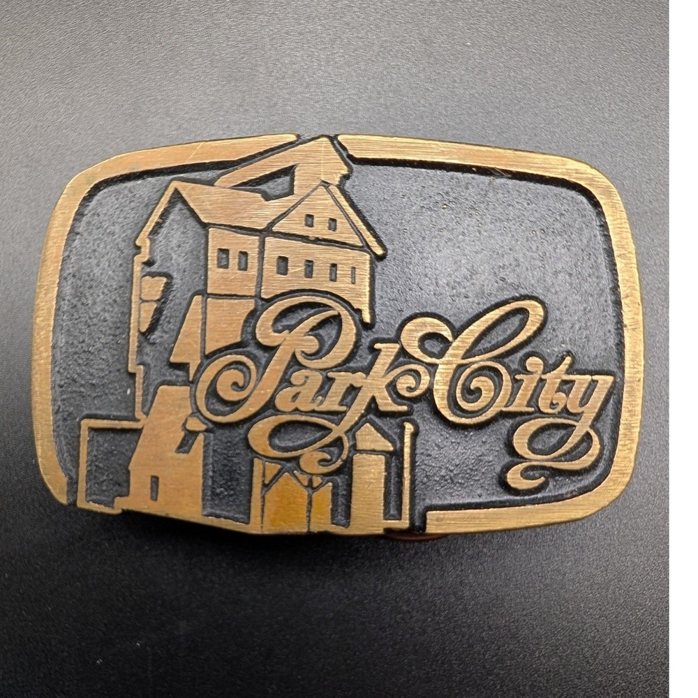 Vintage Dynabuckle Park City Utah Belt Buckle Brass Tone Silver King Mine Provo