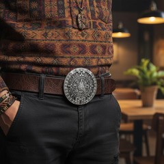 Men Women Belt Buckle Silver Metal Western Fashion Aztec Calendar Mayan Sunstone