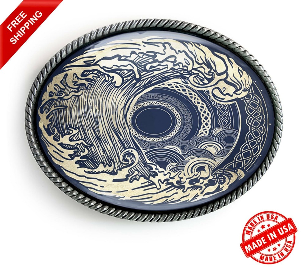 Tsunami Belt Buckle – Ornate Ocean Wave Tattoo Art Handmade Buckle – 33