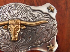 Silver Tone Metal Belt Buckle, Gold Tone Long Horn Steer Image SHIPS FREE