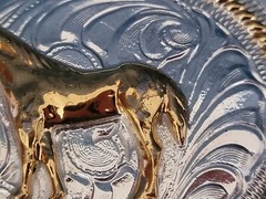 JUSTIN Silver Mexico Engraved Belt Buckle With Gilt Horse Motif